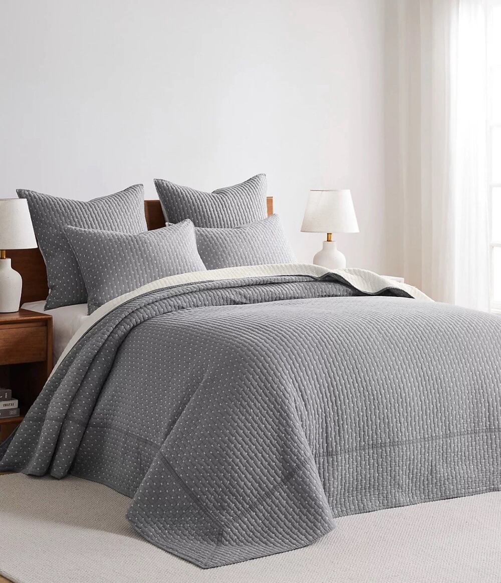 Levtex Home Contrast Cross Stitch FULL Bedspread & Shams Set Grey / Cream